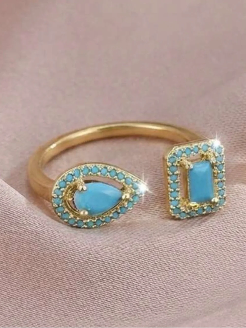 Western Ring Gold Tone Ring with Turquoise Blue Pear and Square Stones